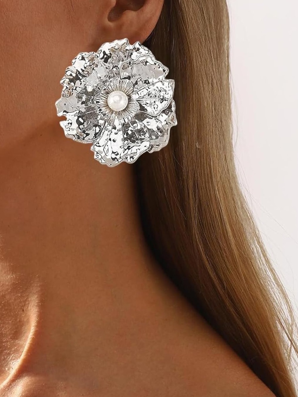 Silver Floral Statement Earrings with Pearl Center | Oversized Bloom